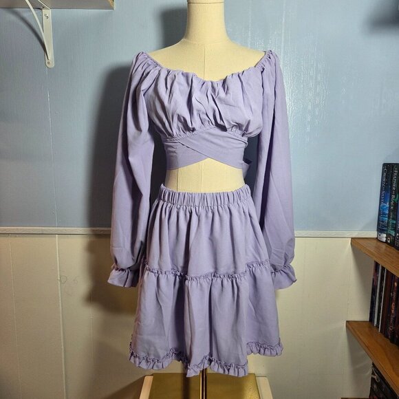 Lyaner Medium Lilac Longsleeve Tie Crop Top Ruffled Mini Skirt Set - Picture 1 of 10